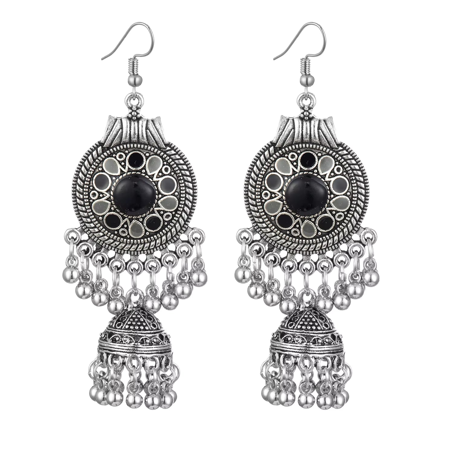 Oxidized Silver Blue Enamel Floral Jhumka Earrings