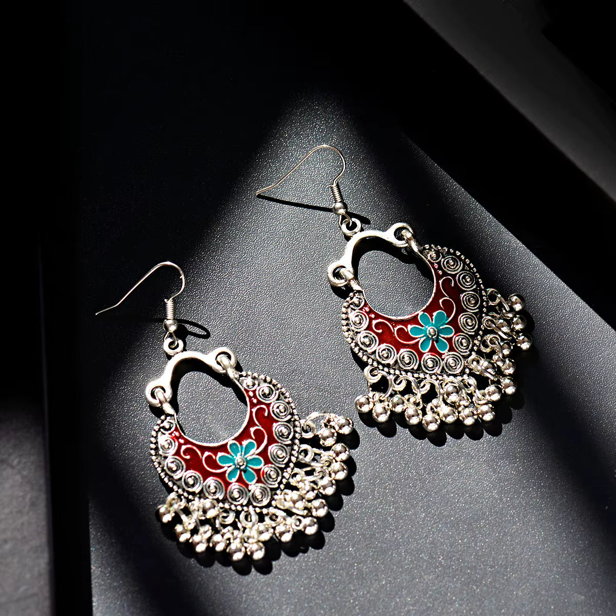 Oxidized Silver Blue Enamel Floral Jhumka Earrings