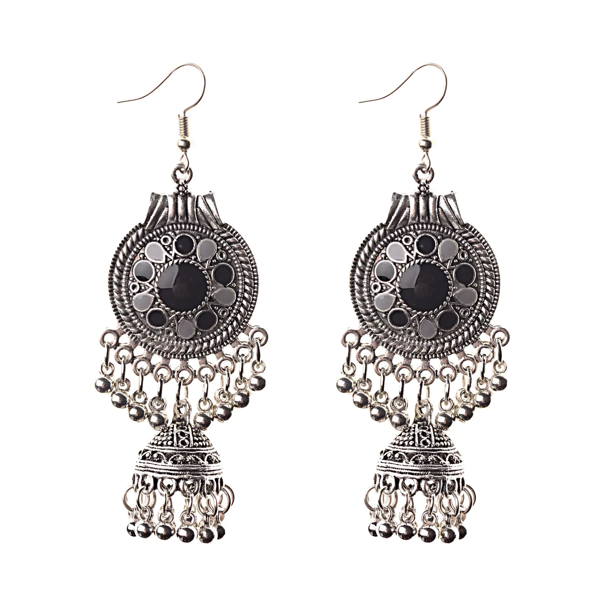 Oxidized Silver Blue Floral Jhumka Earrings with Beads