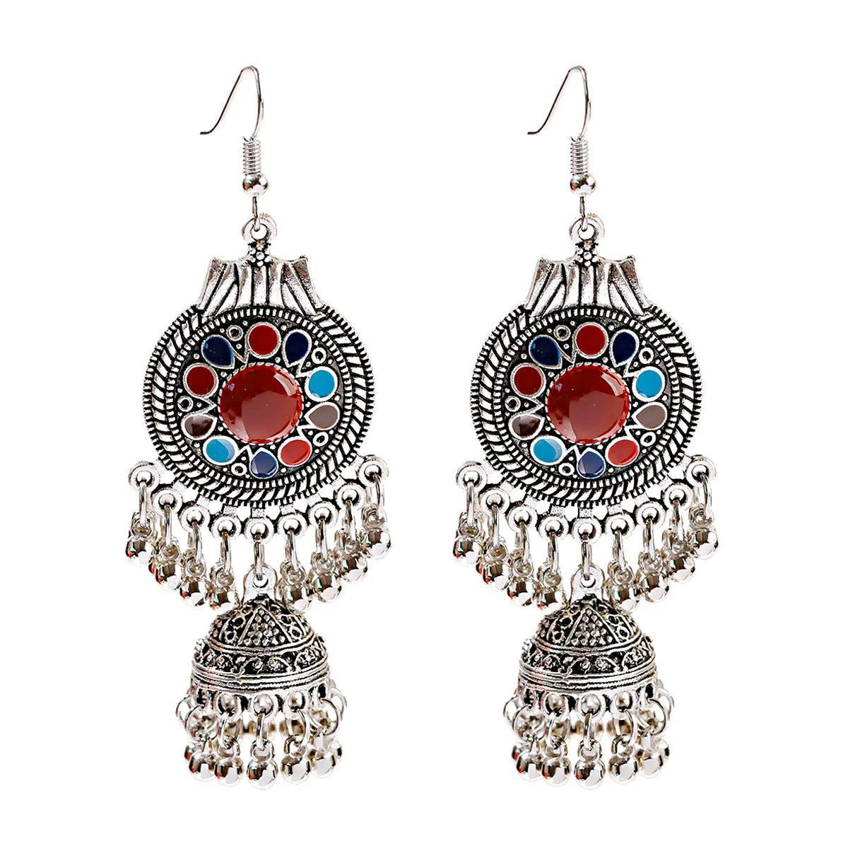 Oxidized Silver Blue Floral Jhumka Earrings with Beads
