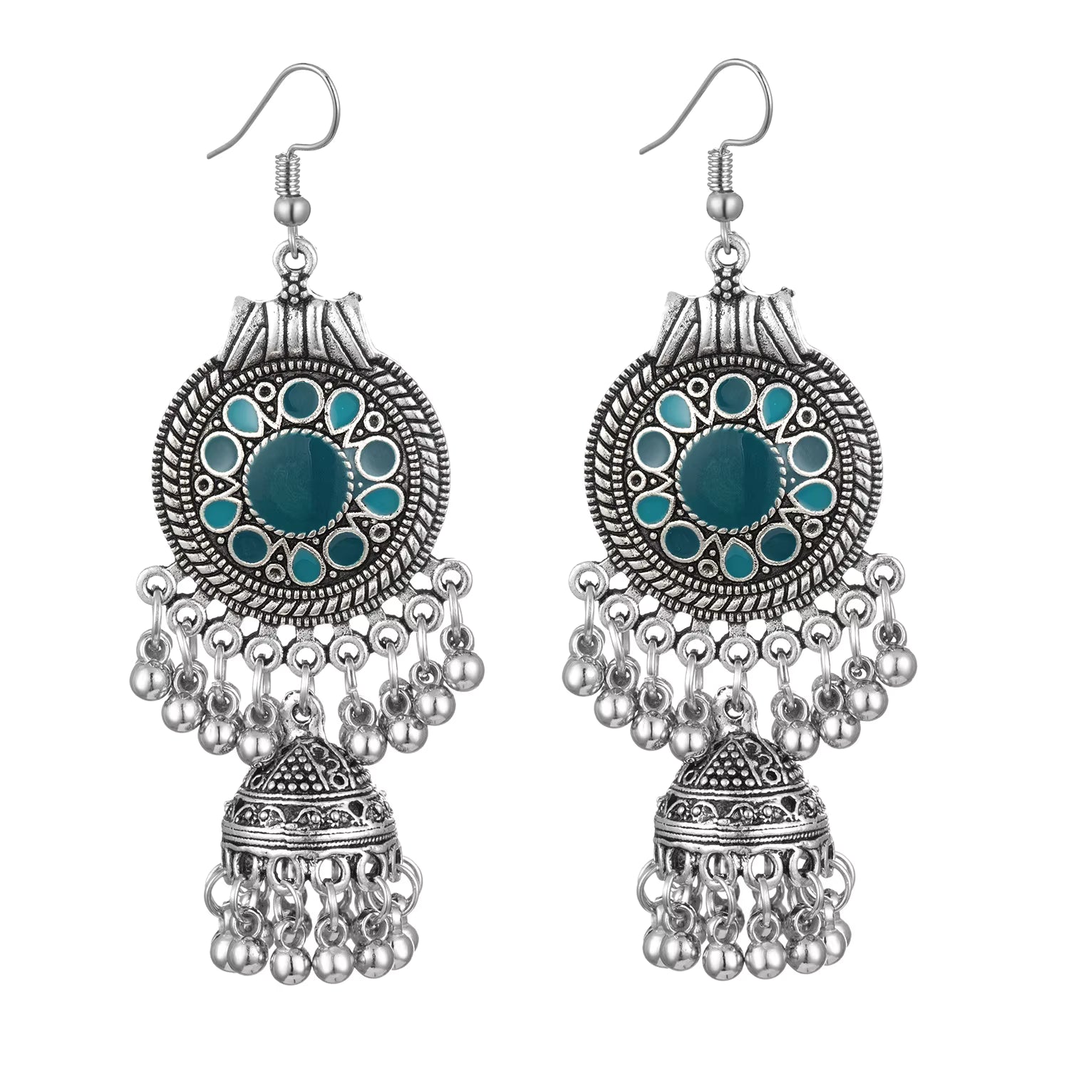 Oxidized Silver Blue Enamel Floral Jhumka Earrings