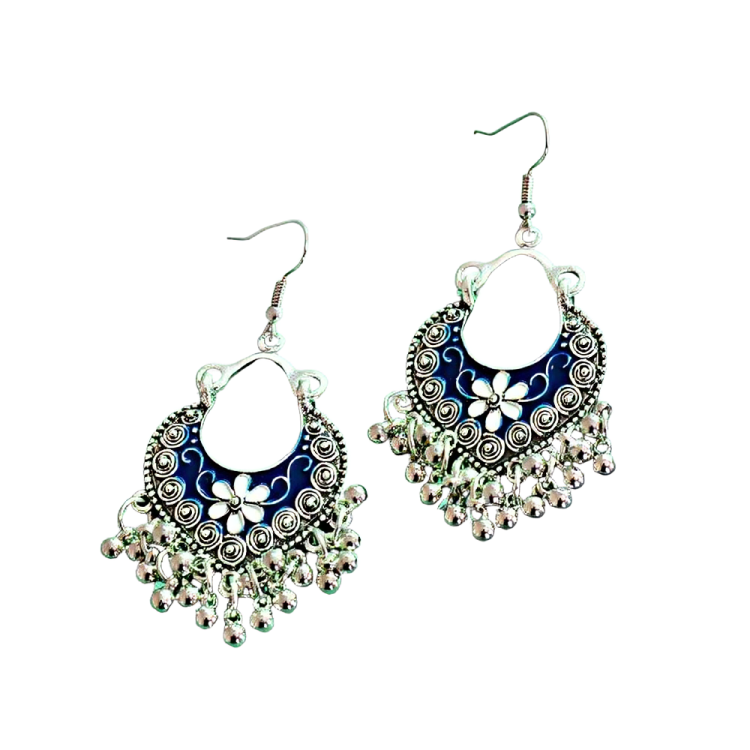 Oxidized Silver Blue Enamel Floral Jhumka Earrings