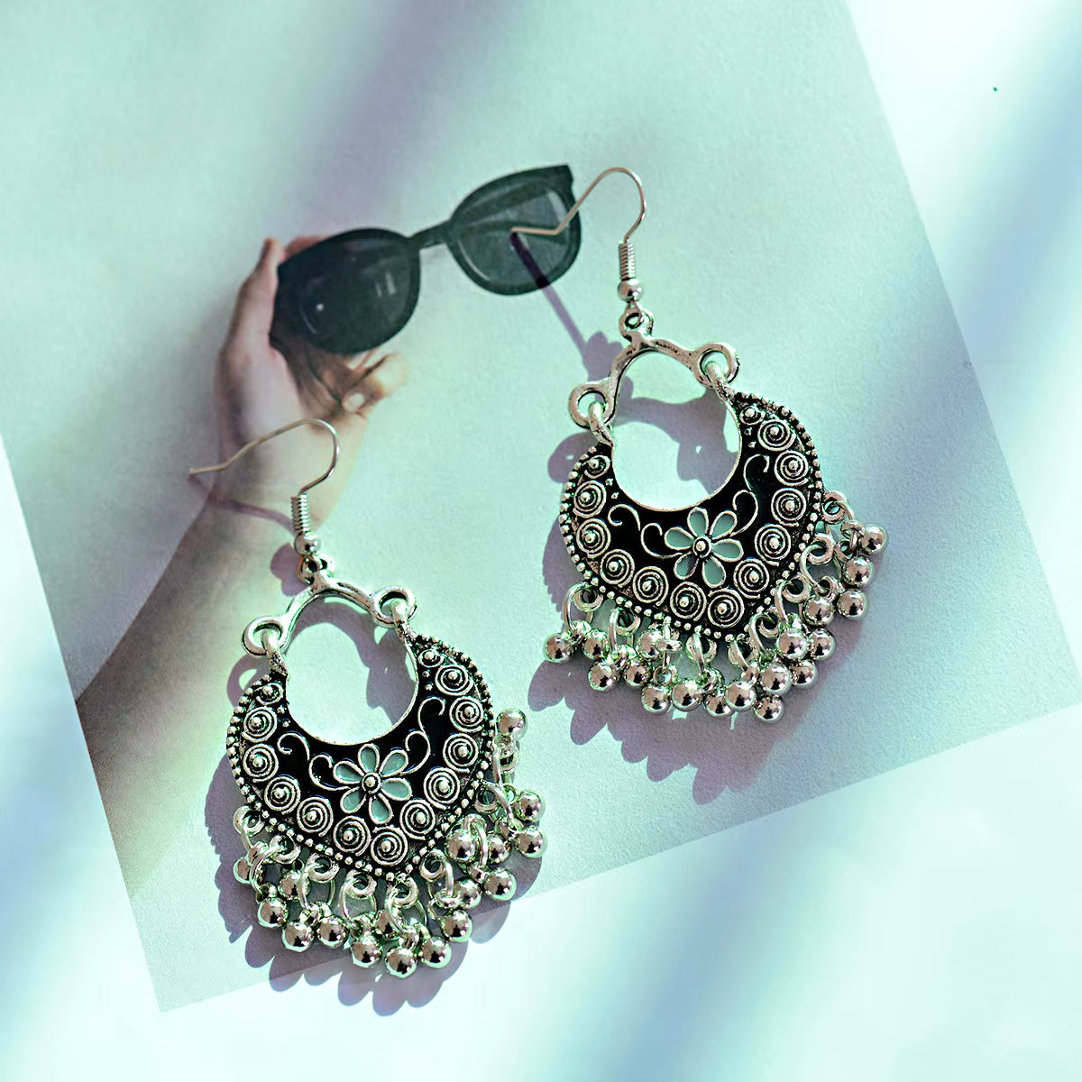 Oxidized Silver Blue Floral Jhumka Earrings with Beads